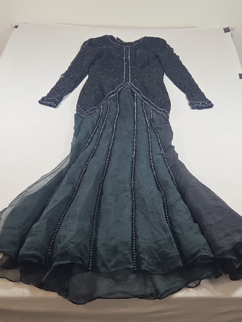 Boho Black Long Sleeve Beaded Evening Gown Festival Fairy Tulle Skirt Open Back - Picture 2 of 16